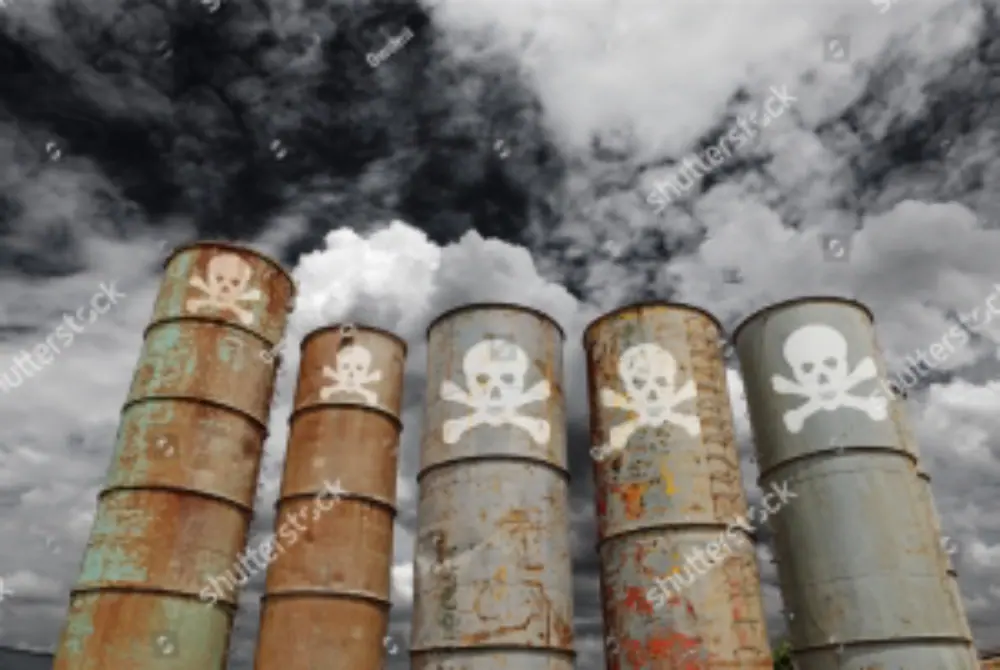 Toxic storage silo with skull and crossbones symbol